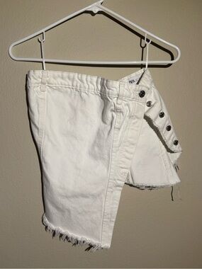 Zara White Button-Front Denim Top with Frayed Hem
